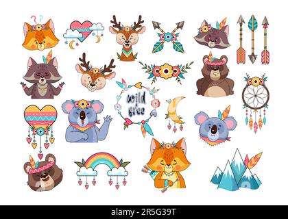 Wild animal cartoon characters in bohemian style sticker set Stock Vector