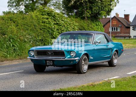 1968 60s sixties American FORD Mustang Classic vintage car, Yesteryear motors en route to Capesthorne Hall Vintage Collectors car show, Cheshire, UK Stock Photo