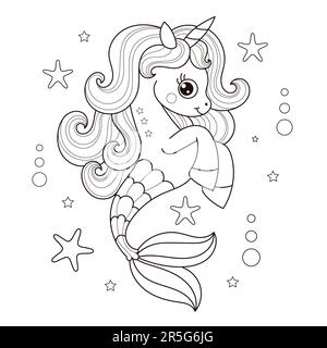 Cartoon seahorse unicorn. Black and white linear drawing. For children's design of coloring books, poster prints, stickers, postcards and so on. Vecto Stock Vector