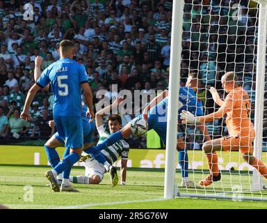 Hampden Park Glasgow.Scotland, UK. 3rd June, 2023. Scottish Cup Final .Celtic v Inverness Caledonian Thistle. Joao Pedro Neves Filipe Jota of Celtic scores 3rd goal . Credit: eric mccowat/Alamy Live News Stock Photo