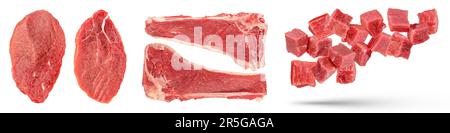 Pieces of beef. Set of large pieces of beef, with a bone, isolated on a white background. Pieces and cubes of juicy beef, isolated on a white Stock Photo