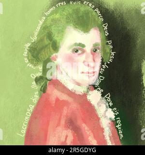 Stylized portrait of Amadeus Mozart in profile, inscribed with words from Requiem. great composer Stock Photo