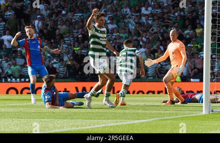 Hampden Park Glasgow.Scotland, UK. 3rd June, 2023. Scottish Cup Final .Celtic v Inverness Caledonian Thistle. Liel Abada of Celtic turns away after scoring 2nd goal as Matt ORiley of Celtic celebrates. Credit: eric mccowat/Alamy Live News Stock Photo