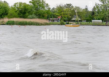 Lake Balaton in windy weather in spring. Stock Photo