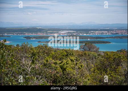 Kornati islands, view from Pasman across the channel towards Zadar. Adriatic island ideal for retreat and relaxation. Stock Photo
