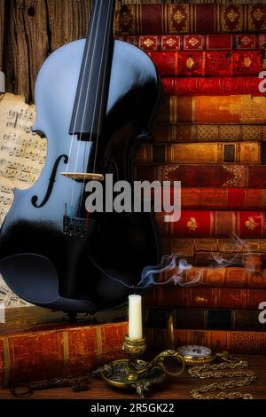 Violin And Smoking Candle Stock Photo