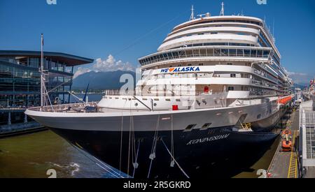 Vancouver, British Columbia - May 27, 2023: Holland-America cruise ship loading for an Alaskan cruise. Stock Photo