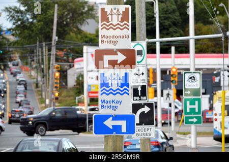 Road signs for the two Halifax harbour bridges in Halifax, Nova Scotia, Canada (Bayers Road) Stock Photo