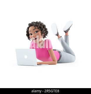 3d beautiful woman working on laptop and lying down on floor, illustration isolated on white background Stock Photo