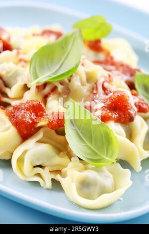 Small tortellini with tomato sauce and cheese, fresh basil Stock Photo