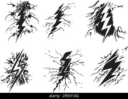 Set of black lightning bolts on a white background Stock Vector