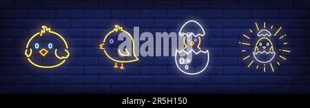 Easter chicken neon sign set Stock Vector