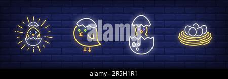 Easter baby chicken neon sign set Stock Vector