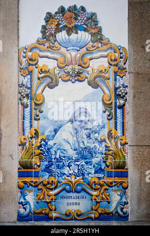 Painted tiles, Pinhao train station, Tras-Os-Montes, Portugal, azulejos, ceramic art Stock Photo