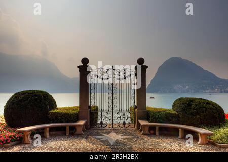 Gate, Parco Civico of Villa Ciani, Lake Lugano, Monte Salvatore, Lugano, Ticino, Lago di Lugano, Lago di Ceresio, Switzerland Stock Photo