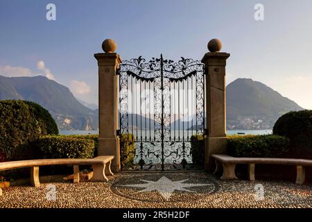 Gate, Parco Civico of Villa Ciani, Lake Lugano, Monte Salvatore, Lugano, Ticino, Lago di Lugano, Lago di Ceresio, Switzerland Stock Photo