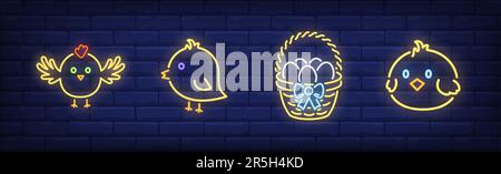 Cute spring chicken neon sign set Stock Vector