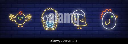Spring chicken neon sign set Stock Vector
