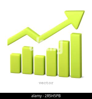 Vector 3D chart up with arrow, infographics element. Growth chart with Green arrow of trend. Realistic 3d design. Vector illustration isolated on whit Stock Vector
