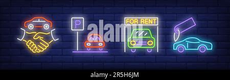Car rent neon sign set Stock Vector