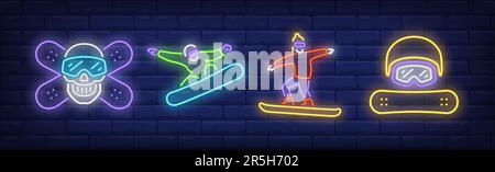 Snowboarder neon signs set Stock Vector