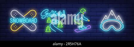 Snowboarding neon signs set Stock Vector