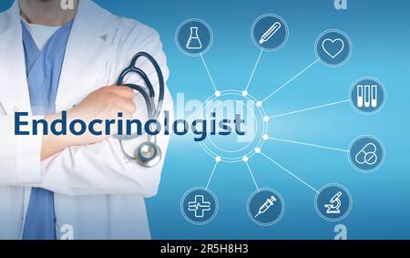 Endocrinologist, word and scheme with icons on light blue background. Doctor with stethoscope, closeup Stock Photo