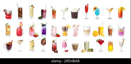 Set with different refreshing summer beverages on white background Stock Photo