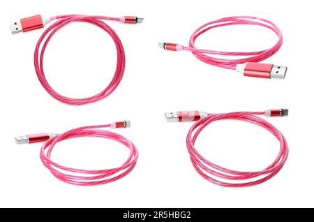Pink USB-C cable on white background, different angles Stock Photo