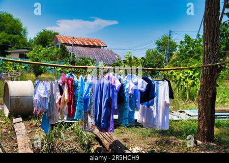 Laundry hanging to dry on a bamboo pole in a garden at a farm in central Thailand Stock Photo