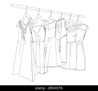 Outline of a set of women's dresses hanging on hangers isolated on a white background. Women's clothing store. Side view. 3D. Vector illustration. Stock Vector