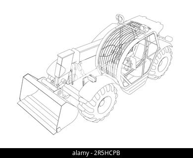 Excavator outline from black lines isolated on white background. Detailed tractor. Isometric view. 3D. Vector illustration. Stock Vector