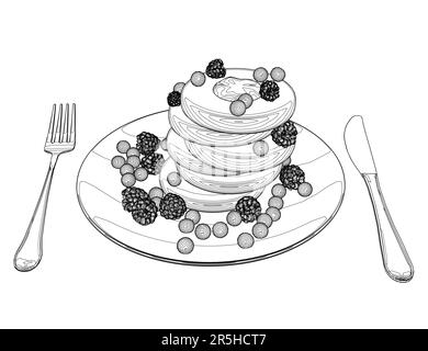 Outline of cookies with berries on a plate with a spoon and fork from black lines isolated on a white background. Dessert with raspberries. Isometric Stock Vector