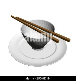 Polygonal model of a cup with chopsticks from black lines isolated on a white background. Asian dishes. Isometric view. 3D. Vector illustration. Stock Vector