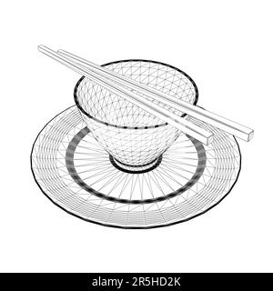 Cup wireframe with chopsticks from black lines isolated on white background. Asian dishes. Isometric view. 3D. Vector illustration. Stock Vector