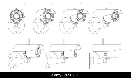 Set with contours of a video surveillance camera in different positions from black lines isolated on a white background. The front view rotates to the Stock Vector