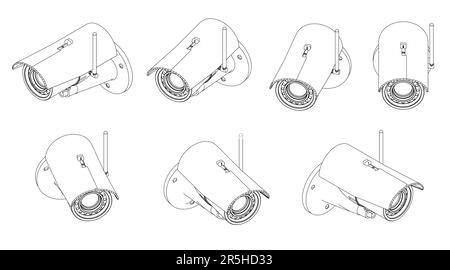 Set with contours of a video surveillance camera in different positions from black lines isolated on a white background. Isometric view rotates right Stock Vector