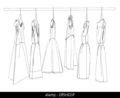 Outline of a set of women's dresses hanging on hangers isolated on a white background. Women's clothing store. Side view. 3D. Vector illustration. Stock Vector