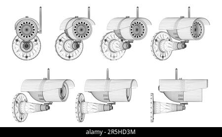 Set with cctv camera wireframe in different positions from black lines isolated on white background. The front view rotates to the right. Vector illus Stock Vector
