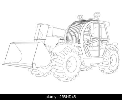 Excavator outline from black lines isolated on white background. Detailed tractor. Front view. 3D. Vector illustration. Stock Vector