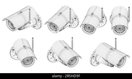 Set with cctv camera wireframe in different positions from black lines isolated on white background. Isometric view rotates right and left. 3D. Vector Stock Vector