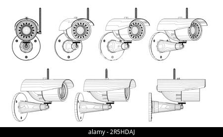 Set with contours of a video surveillance camera in different positions from black lines isolated on a white background. The front view rotates to the Stock Vector