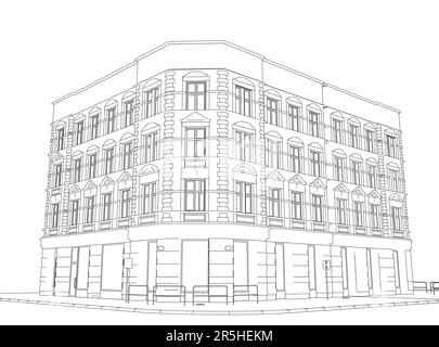 Outline of a four-story building from black lines isolated on a white background. Perspective view. Vector illustration. Stock Vector