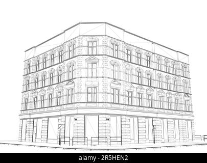 Wireframe of a four-story building from black lines isolated on a white background. Perspective view. 3D. Vector illustration. Stock Vector
