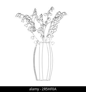 Outline of lilies of the valley in a vase from black lines isolated on white background. Flowers in a vase. Front view. 3D. Vector illustration. Stock Vector