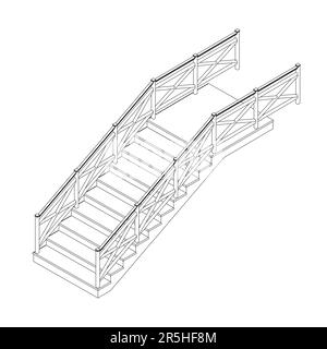 Staircase outline from black lines isolated on white background. Isometric view. 3D. Vector illustration. Stock Vector