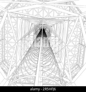 Outline of a high tower for communications from black lines isolated on a white background. View from below inside the tower. 3D. Vector illustration. Stock Vector