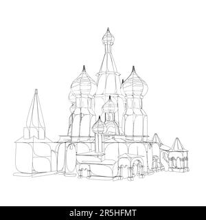 The contour of the church building with domes from black lines isolated on a white background. Front view. 3D. Vector illustration. Stock Vector