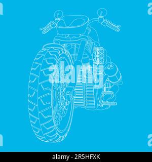 Outline of a motorcycle from white lines isolated on a blue background. Front view. 3D. Vector illustration. Stock Vector