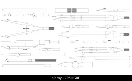 Set with contours of measuring instruments, compasses from black lines isolated on a white background. View from above. Vector illustration. Stock Vector